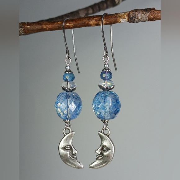 HAND CRAFTED Celestial Blue Czech Glass Silver Crescent Moon Dangle Earrings - Picture 3 of 7